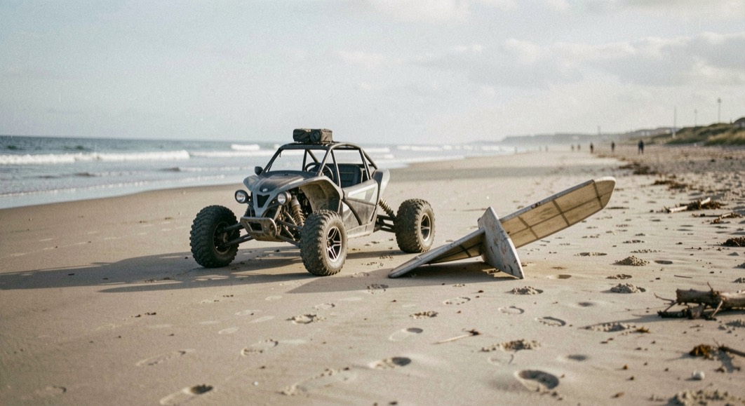 Un buggy de club posé sur le sable à côté d une aile pliée et d un casque prêté, devant un barnum ouvert.
