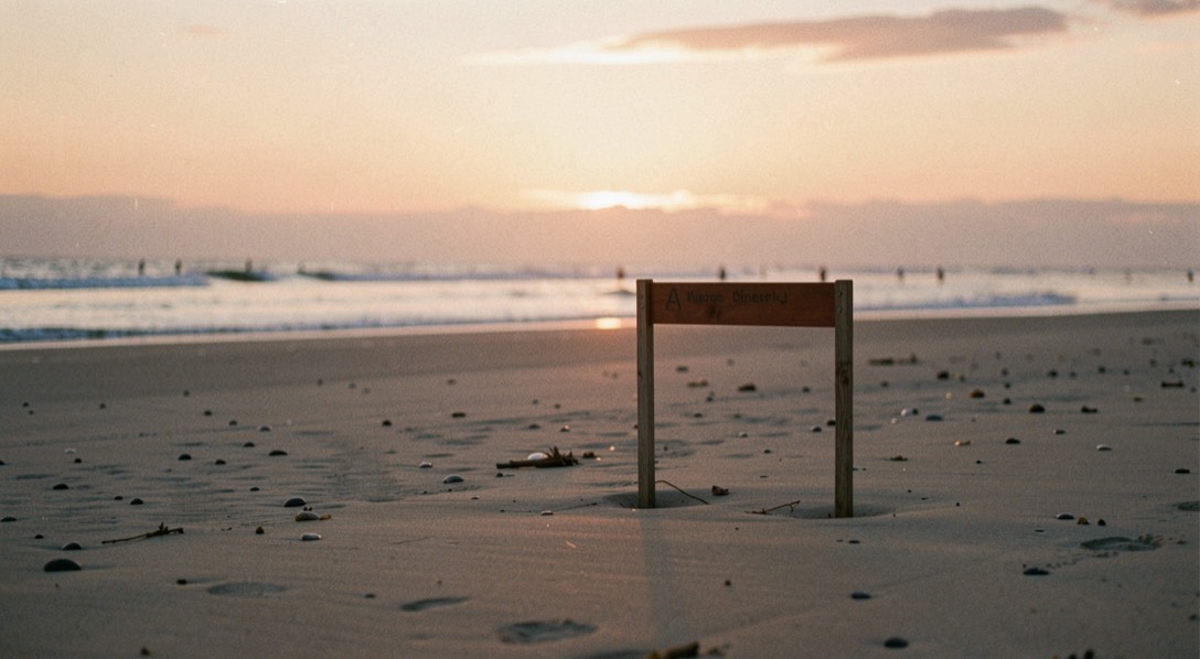 Une balise de plage est visible au coucher du soleil sur un estran dégagé.