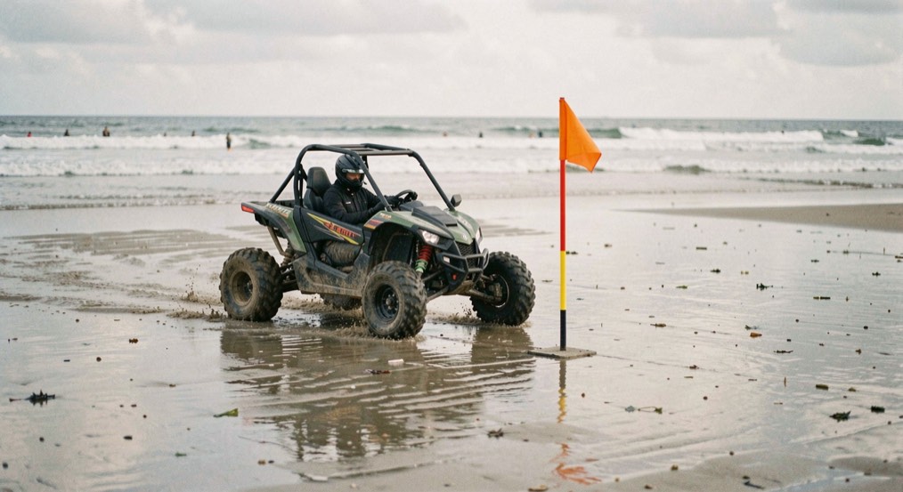 Un buggy contourne une balise de parcours sur une plage à marée basse.