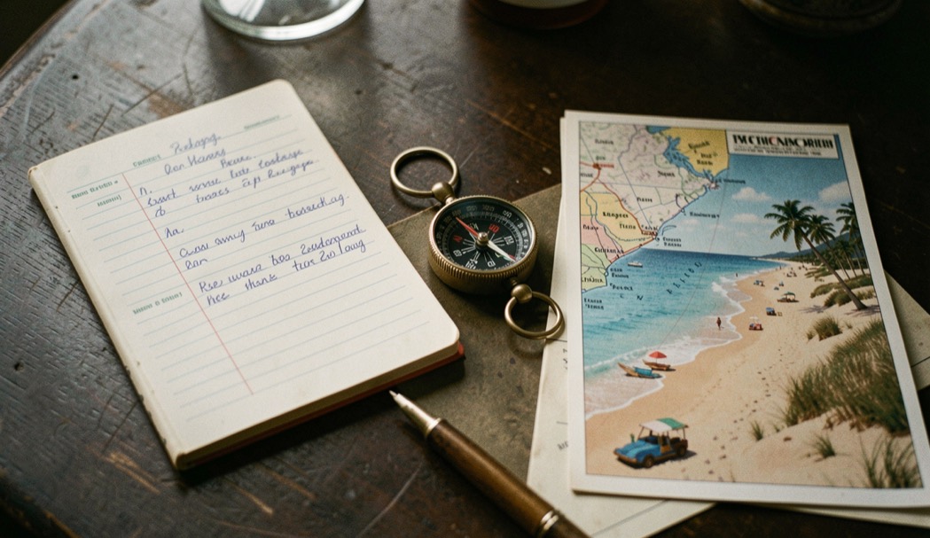 Un carnet de notes, une boussole et une carte de plage sont posés sur une table sombre.