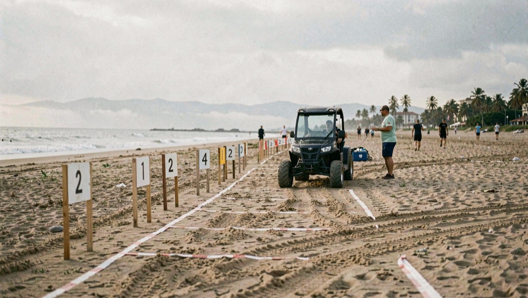 Des buggys rangés côte à côte sur la plage en fin de journée, près d un barnum et de caisses de matériel.
