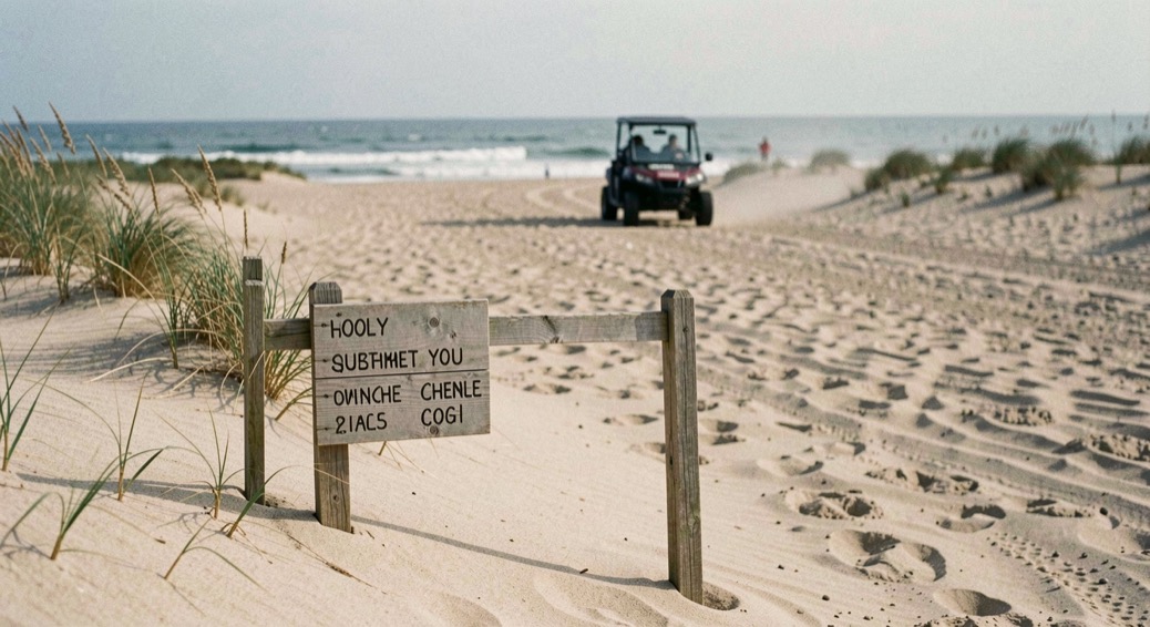 Deux balises de parcours sur le sable avec un buggy en mouvement au loin.